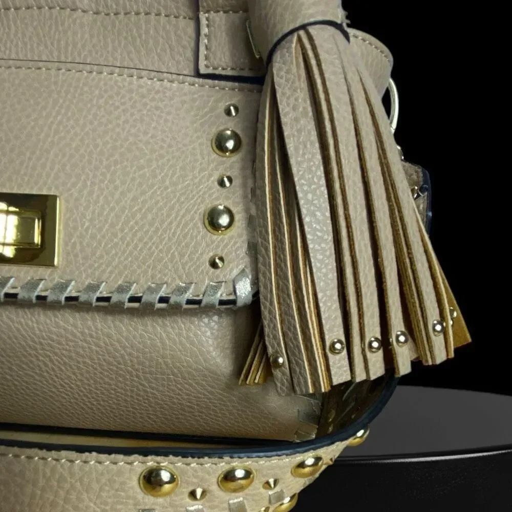 Steve Madden Blennon Cream Peebled Leather Studded Whipstitch Satchel Handbag
